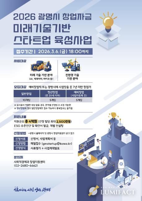 2026 광명시 창업자금 미래기술기반 스타트업 육성사업 모집 안내문.